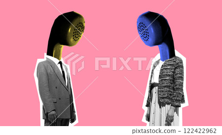 Abstract artwork of man and woman with vintage telephones instead of heads, symbolizing business communication, networking, and digital connection. Abstract artwork of man and woman with vintage telephones instead of heads, symbolizing business communication, networking, and digital connection. 122422962