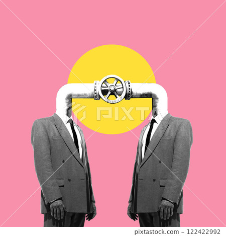 Conceptual collage of two men in suits connected by a pipeline, symbolizing communication, business relationships, and information flow. Conceptual collage of two men in suits connected by a pipeline, symbolizing communication, business relationships, and information flow. 122422992