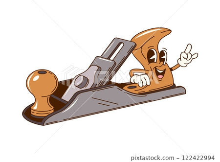 Cartoon groovy jointer plane character or work tool for repair and DIY construction, comic vector. Groovy jointer plane with funny face and funky fingers gesture for carpentry tool cartoon character 122422994