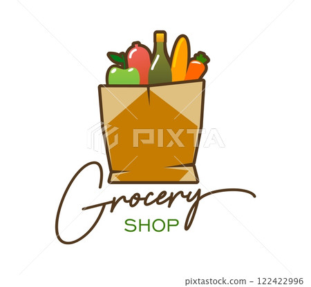 Grocery shop icon featuring a paper bag filled with fresh produce like apples, carrots, and a wine bottle. Isolated vector emblem representing supermarkets, food stores, and organic markets services Grocery shop icon featuring a paper bag filled with fresh produce like apples, carrots, and a wine bottle. Isolated vector emblem representing supermarkets, food stores, and organic markets services 122422996