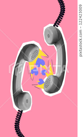 Minimalistic collage of two grey vintage telephones with abstract heart symbols, visualizing digital conversations. 122423009
