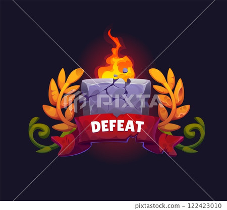 Defeat game icon or level not complete and gamer fail badge, vector GUI element. Defeat icon with cartoon faded laurel wreath and cracked stone in fire burn for arcade video game lose popup interface 122423010