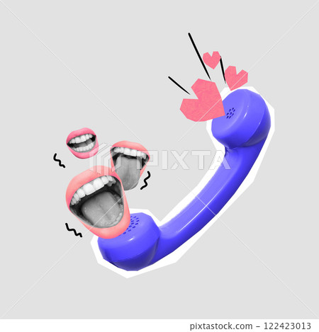 Creative collage of a blue vintage telephone with talking mouths and heart symbols, against grey background. Conceptual design. 122423013