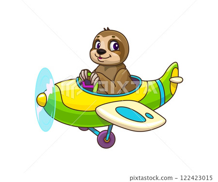 Cartoon sloth animal kid pilot on plane, baby character. Isolated vector adorable tropical sloth cub, cheerfully piloting vintage biplane with a propeller, evoking a sense of adventure and fun in sky 122423015