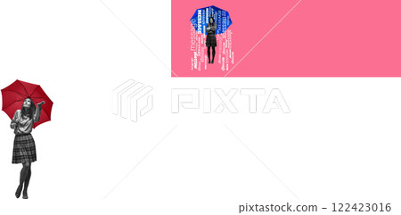 Monochrome image of woman under red umbrella in clear white background symbolizing calmness, while same woman with text overlays showing social and informational overload 122423016