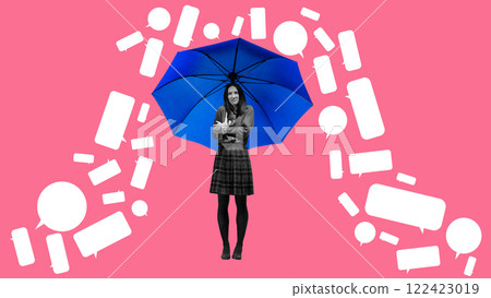 Monochrome woman standing under blue umbrella with overload of speech bubbles on pink background. Conceptual design. 122423019