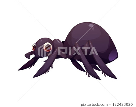 Cartoon funny spider insect character with large, expressive eyes. Isolated vector cute and playful arachnid pest personage with dark body and rounded shape, adorable yet spooky spider predator Cartoon funny spider insect character with large, expressive eyes. Isolated vector cute and playful arachnid pest personage with dark body and rounded shape, adorable yet spooky spider predator 122423020