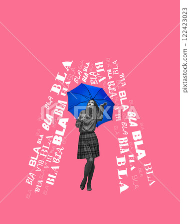 Monochrome woman standing under blue umbrella with bla bla bla text falling down on pink background. Conceptual design. 122423023