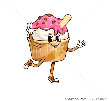 Groovy ice cream sundae character featuring vibrant scoop in a cup, topped with strawberry sauce and chocolate chips. Isolated cartoon vector comic icecream dessert personage with funky summer vibe 122423024