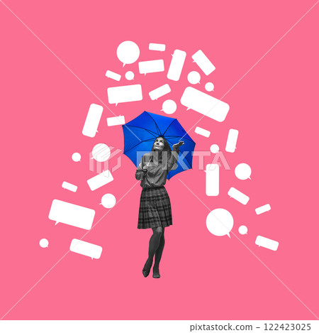 Monochrome image of young woman standing under blue umbrella against pink background with speech bubbles falling down. Conceptual design. 122423025
