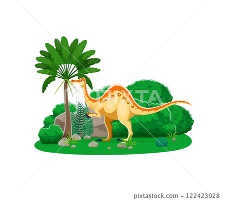 Paleontology Deinocheirus dinosaur funny character. Jurassic era dinosaur, prehistoric lizard or extinct animal comical cartoon vector character. Paleontology reptile cute isolated personage or mascot 122423028
