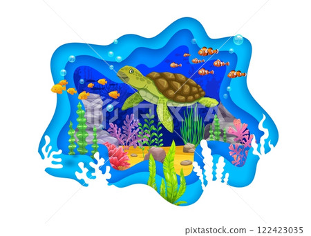 Paper cut underwater landscape with turtle. Aquatic nature papercut vector concept. Ocean life wallpaper, underwater landscape paper cut background with fishes shoals and seaweeds on ocean bottom 122423035