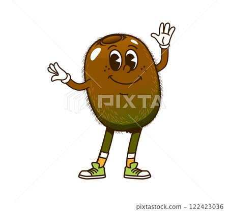 Groovy retro cartoon kiwi fruit funny character with happy face, vector comic emoji. Groovy kiwi with cute smile, kids funky tropical fruit food character and retro cartoon personage for emoticon 122423036