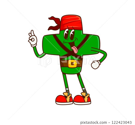 Groovy math plus sign pirate or corsair cartoon character, vector mathematical symbol. Funny groovy math plus sign as pirate sailor in bandana with funky face as addition equation cartoon character 122423043