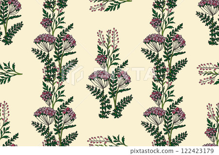 Botanical abstract plant seamless pattern with Hydrangea vector illustration. Repeating retro floral pattern in beige pastel colors background. Graphic design for Wallpaper Textile Cover Card Print 122423179