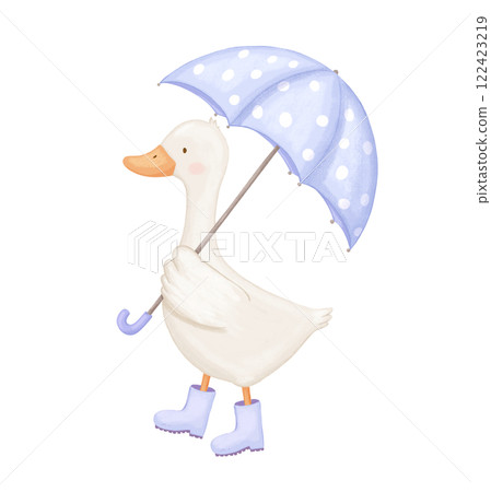 Cute goose character, baby animal with bow, watercolor hand drawn illustration for kids 122423219