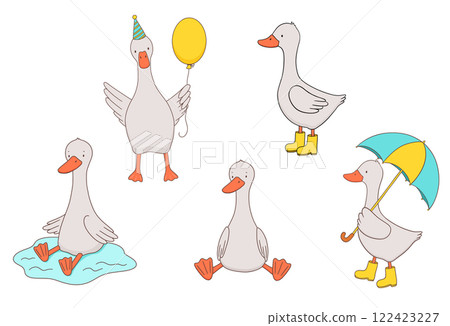 Cute goose with umbrella, boots, balloon, hand drawn illustrations set for kids 122423227
