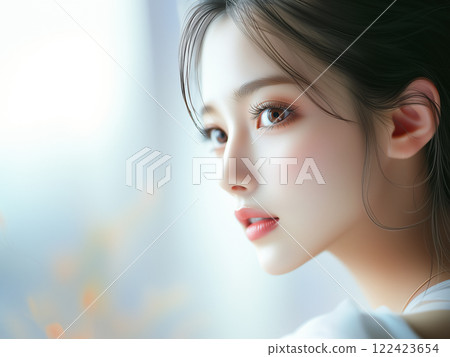 Profile beauty portrait of young pretty Asian female model with perfect skin. Blurred landscape background. Profile beauty portrait of young pretty Asian female model with perfect skin. Blurred landscape background. 122423654
