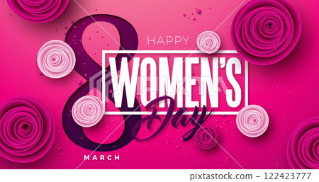8 March. Happy Women's Day Floral Illustration. International Womens Day Vector Design with Colorful Spring Rose Flower and Number 8 on Light Pink Background. Woman or Mother Day Theme Template for 8 March. Happy Women's Day Floral Illustration. International Womens Day Vector Design with Colorful Spring Rose Flower and Number 8 on Light Pink Background. Woman or Mother Day Theme Template for 122423777