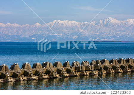 (Toyama Viewpoint) Onnaiwa, Abugashima and the snow-capped Tateyama mountain range from Amaharashi Coast, March 122423803