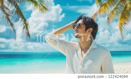 A day to enjoy the sunshine on the beach with sunglasses on. 122424094