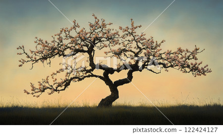 The silhouette of a plum tree against the faint glow of flowers and the backlight 122424127