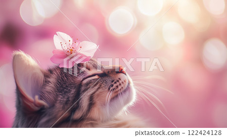 櫻花花瓣輕輕落在貓咪的頭上 122424128