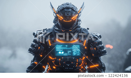 A samurai whose physical condition data is monitored by sensors inside his armor. 122424136