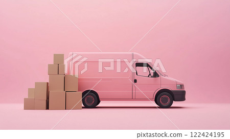 粉紅色送貨車和紙板箱 122424195