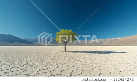 A miniature green tree that stands out in the strong sunlight and desert. 122424278