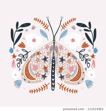 Creative hand drawn butterfly in mystical style with stars and moon and floral surrounding. Moths isolated on white. Vector illustration Creative hand drawn butterfly in mystical style with stars and moon and floral surrounding. Moths isolated on white. Vector illustration 122424963