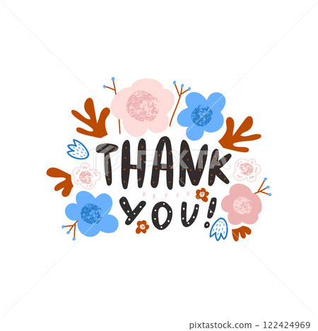 Thank you lettering with flowers isolated on white. Vector illustration 122424969