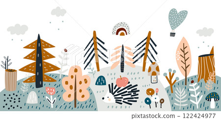 Children woodland banner with hedgehog and forest elements. Vector illustration Children woodland banner with hedgehog and forest elements. Vector illustration 122424977