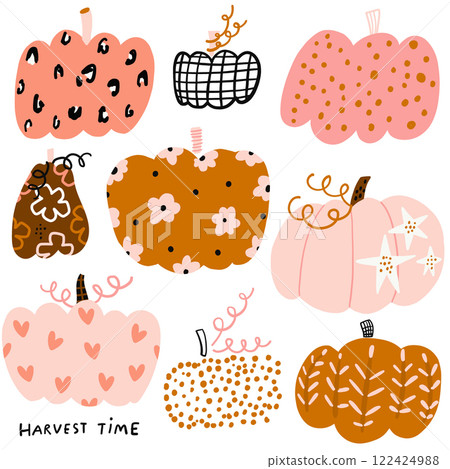 Creative decorative pumpkin set Autumn creative pumpkin collection isolated on white. Vector illustration 122424988