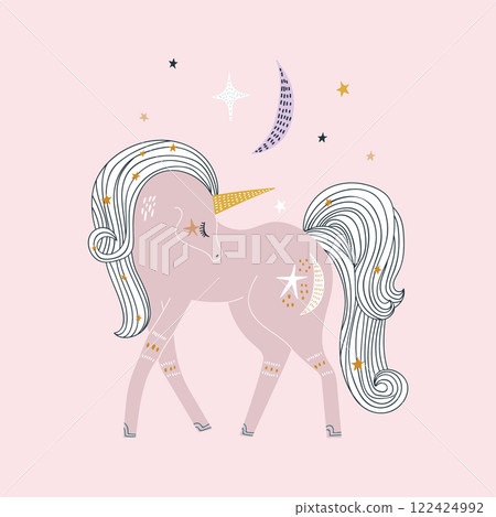 Pink hand drawn unicorn illustration with stars and moon. Vector Characters Pink hand drawn unicorn illustration with stars and moon. Vector Characters 122424992