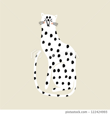 Hand drawn white gepard in with character. Wild Jungle animal print. Cartoon vector leopard illustration Hand drawn white gepard in with character. Wild Jungle animal print. Cartoon vector leopard illustration 122424993