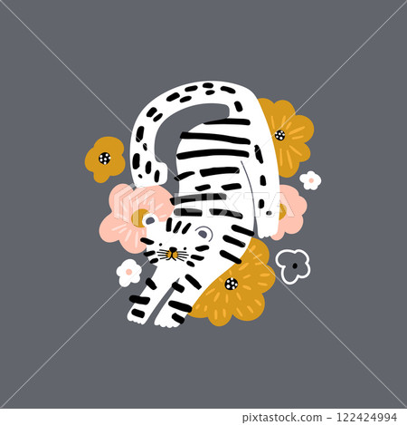 Cartoon white tiger in floral surrounding . Creative print for apparel,poster, postcard. Vector Illustration Cartoon white tiger in floral surrounding . Creative print for apparel,poster, postcard. Vector Illustration 122424994