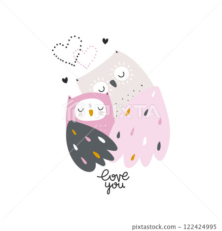 Cute mom and baby owl hugging. Creative cartoon owl birds isolated. Vector illustration. Cute mom and baby owl hugging. Creative cartoon owl birds isolated. Vector illustration. 122424995