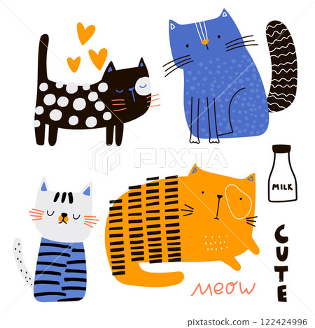 Creative childish illustration with cute cats. Lovely cat pets isolated on white. Great for t-shirt, poster, card.Vector illustration Creative childish illustration with cute cats. Lovely cat pets isolated on white. Great for t-shirt, poster, card.Vector illustration 122424996