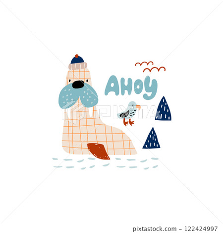 Creative Walrus fisherman isolated on white print. Nordic animal childish vector illustration Creative Walrus fisherman isolated on white print. Nordic animal childish vector illustration 122424997