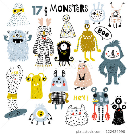 A huge set of funny hand drawn monsters characters isolated on white. Vector illustration A huge set of funny hand drawn monsters characters isolated on white. Vector illustration 122424998