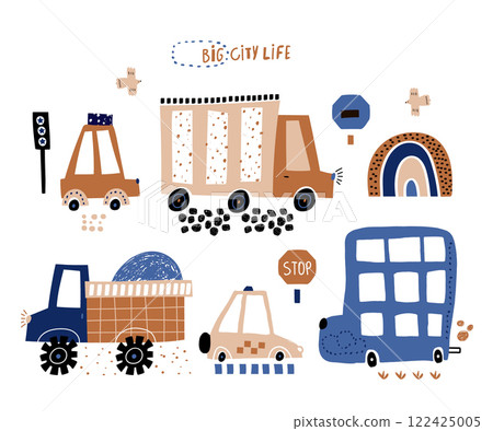 A set of city cars in cartoon childish style. Collection of Cute cars isolated on white 122425005