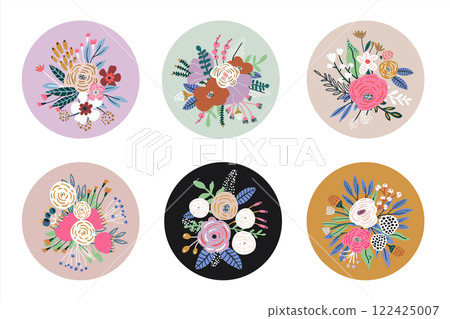 Set of 6 floral bouquets, floral compositions in circle frames.Flowers isolated on white. Vector illustration 122425007