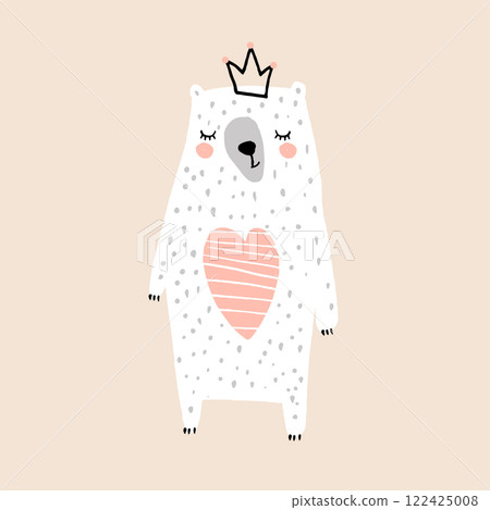 Cute bear girl with a crown on her head. White cartoon bear great for apparel prints, poster, cards. Vecto illustration 122425008