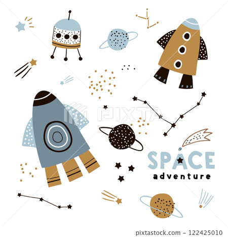 A set of cosmic graphic elements, rocket, planet, stars, ufo. Space cartoon icons isolated on white. Vector illustration 122425010