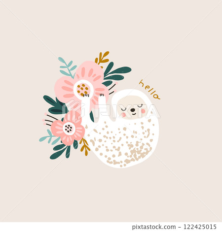 Cute baby sloth hanging on a beautiful flower. Great for kids apparel, nursery decoration. Vector Illustration Cute baby sloth hanging on a beautiful flower. Great for kids apparel, nursery decoration. Vector Illustration 122425015