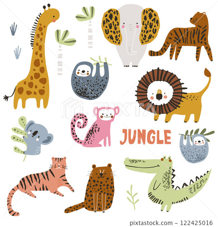 Set of wild cartoon animals. Funny koala, elephant, sloth, giraffe, elephant, tiger, cheetah, lion, monkey vector isolated illustration Set of wild cartoon animals. Funny koala, elephant, sloth, giraffe, elephant, tiger, cheetah, lion, monkey vector isolated illustration 122425016