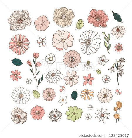 A big set of hand drawn retro style flowers and leaves isolated on white. Groovy flowers clipart. Vector illustration A big set of hand drawn retro style flowers and leaves isolated on white. Groovy flowers clipart. Vector illustration 122425017