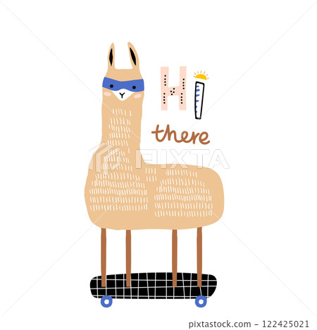Cute Lama face ion skateboard. Childish print for fabric, t-shirt, poster, card, baby shower. Vector Illustration 122425021