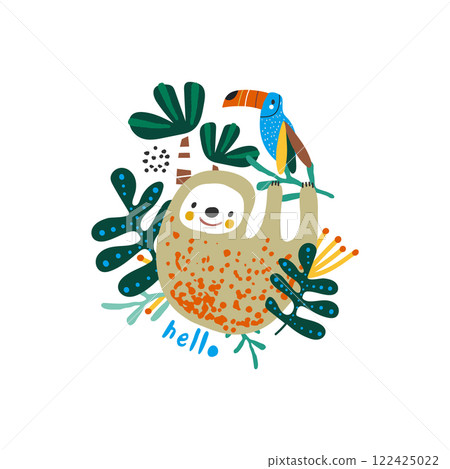 Cute baby sloth hanging on a jungle leaf. Great for kids apparel, nursery decoration. Vector Illustration 122425022